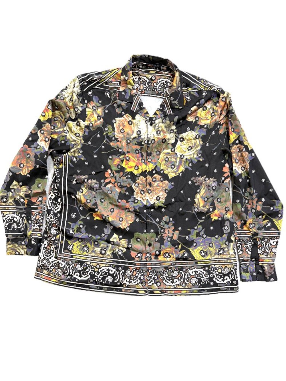 ASOS Design Mens 2XL Baroque Scarf Shirt Black Floral Scroll Long Sleeve Revere